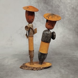 Miniature Bobblehead Kokeshi Doll, Vintage Japanese Wooden Kokeshi, Hand Made Folk Art From Japan