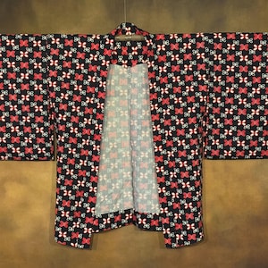 Japanese Haori Kimono, Black Red and White Kimono Robe, Vintage Kimono Jacket