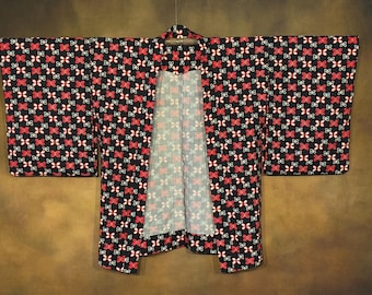 Kimono japonés Haori, bata tipo kimono negra, roja y blanca, chaqueta tipo kimono vintage