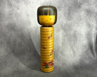 Usaburo - Autumn Flowers, Creative Kokeshi Doll, Vintage Wooden Sosaku Kokeshi, Hand Made Folk Art From Japan