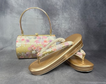 Premium Zanmai Furisode Bag With Matching Zori Sandals Set Luxury. Vintage Japanese Kimono Accessories / Formal Ware, Shoes and Bag Set