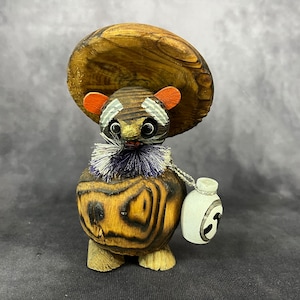 Vintage Tanuki Doll, Wooden Tanuki Kokeshi, Hand Made Folk Art From Japan 14.5cm tall