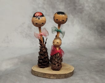 ミニチュア首振りこけし人形、ヴィンテージ日本製木製こけし、日本製