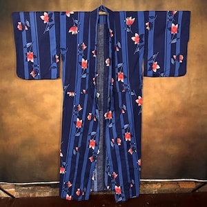 Japanese Cotton Kimono, Full Length Kimono Robe, Japanese Robe, Vintage Japanese Clothing, Blue with Flowers