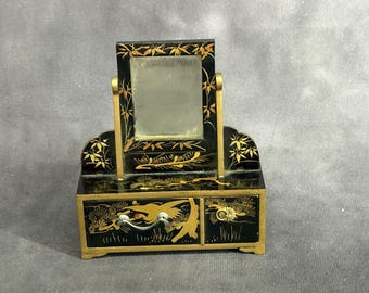 Superbly Crafted Miniature Vanity Table with Mirror, Hand Painted Gold Gilt, Girls Day, Vintage Japanese Folk Art