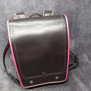 Sac à dos Randoseru, marron avec bordure rose Sac Randoseru japonais à coutures serrées, cartable marron