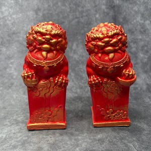 Pair of Fu Dog Ornamental Figurines, Cast - Hand Painted Red and Gold, Japanese Folk Lore
