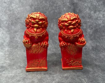 Pair of Fu Dog Ornamental Figurines, Cast - Hand Painted Red and Gold, Japanese Folk Lore