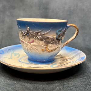 Japanese Blue Moriage Cup & Saucer, Fantastic Detailed Dragonware Moriage Finish