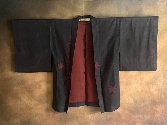 Japanese Haori Kimono, Black Seethrough Red Leaf … - image 1