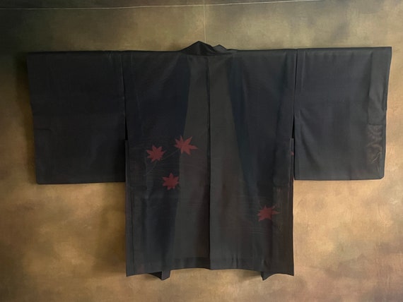 Japanese Haori Kimono, Black Seethrough Red Leaf … - image 7