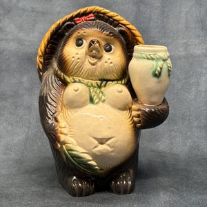 Japanese Shigaraki-Ware Tanuki Raccoon Dog Tokkuri Pottery Vintage Porcelain Ornamental Statue 15cm