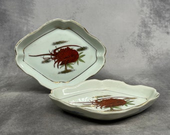 2 Japanese Porcelain Side Dishes, Bread Roll-Sushi Etc, Antique Japanese Tableware, Lobster Decor