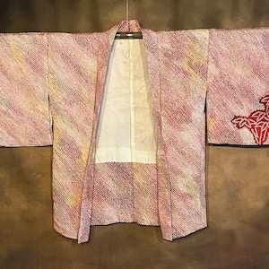 Japanese Shibori Haori Kimono, Red, Yellow, Pink & White Summer Colours Silk Lined, Kimono Robe Vintage Kimono Jacket Shobori (Tie Dye)