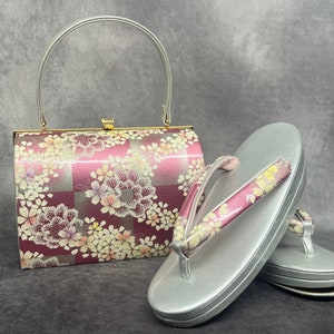 Sac Zanmai haut de gamme Furisode avec sandales Zori assorties, ensemble luxueux. Accessoires de kimono japonais vintage / Ensemble vêtement de cérémonie, chaussures et sac