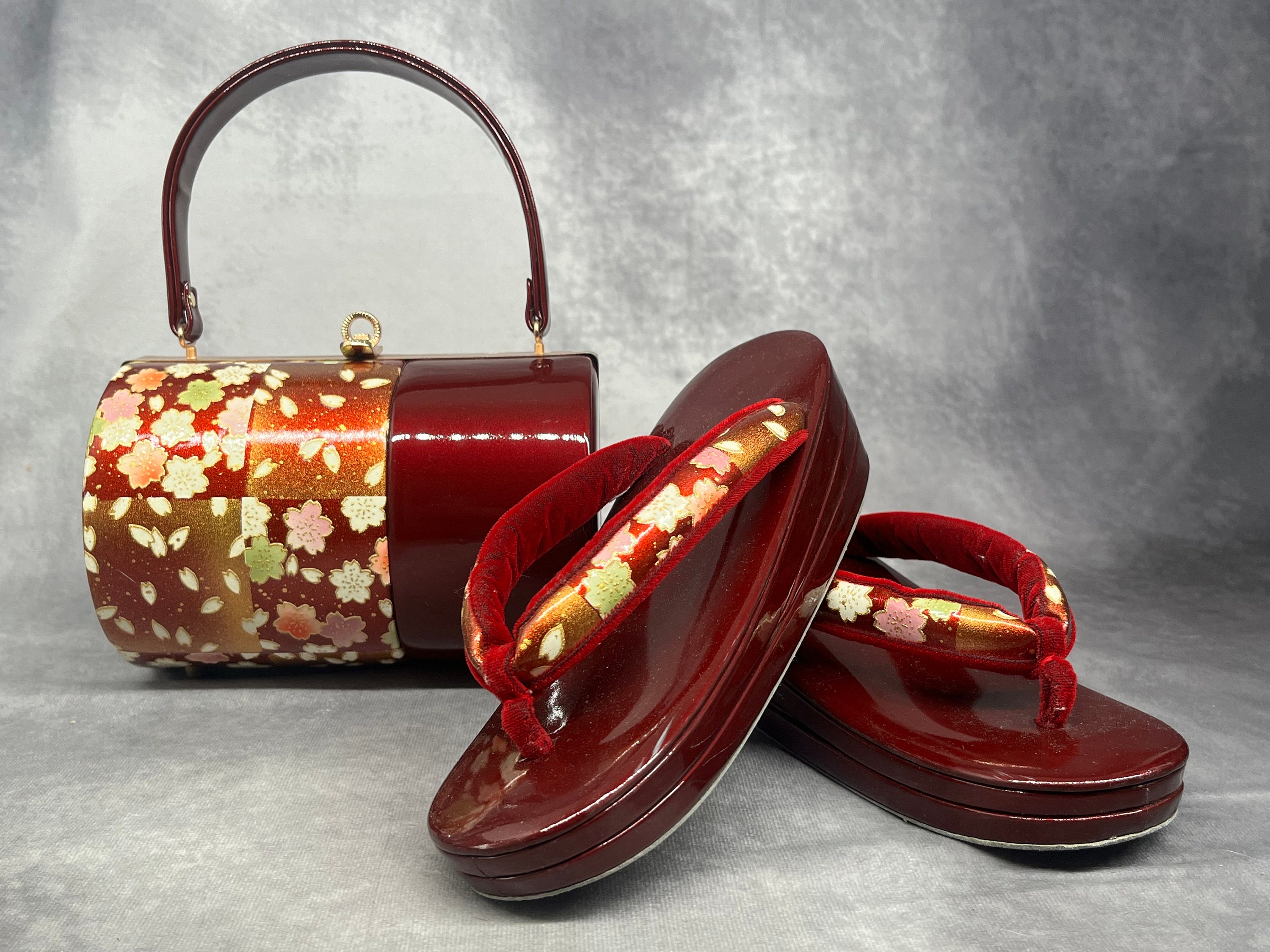 Premium Zanmai Furisode Bag With Matching Zori Sandals Set Luxury. Vintage Japanese Kimono Accessories / Formal Ware, Shoes and Bag Set