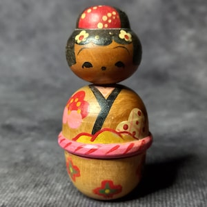 Miniature Kokeshi Doll With Bell, Vintage Japanese Wooden Kokeshi, Hand Made Folk Art From Japan