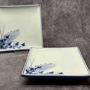 Pair of Japanese Porcelain Sushi Plates / Dishes Vintage Blue & White Square Hand Painted Dishes, c1970’s