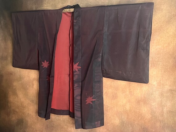 Japanese Haori Kimono, Black Seethrough Red Leaf … - image 2