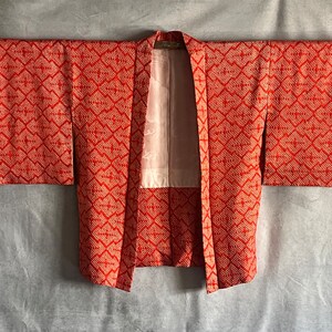 Japanese Shibori Haori Kimono, Orange/ Red and White  Silk Lined, Kimono Robe Vintage Kimono Jacket Shobori (Tie Dye)