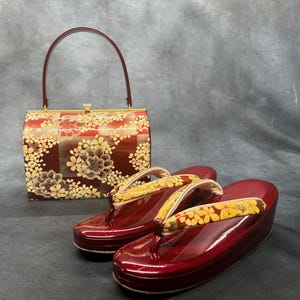 Luksusowy zestaw: torebka Zanmai Furisode z pasującymi sandałami Zori. Vintage japońskie akcesoria do kimona / formalne ubrania, buty i torebka.