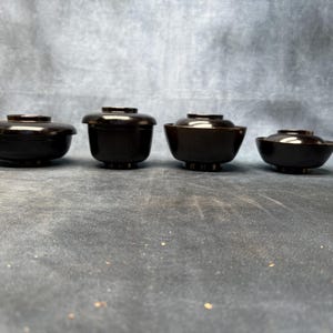 Set of 8 Vintage Wooden Lacquer Bowls, Vintage Japanese Black Lacquer Bowls
