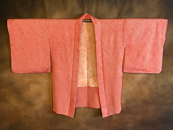 Japanese Shibori Haori Kimono, Pinky Red on White… - image 1