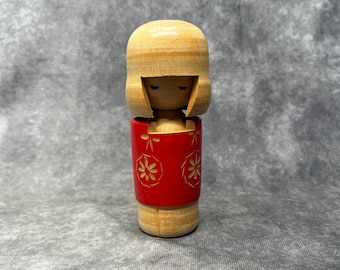 石田富雄創作こけし、ヴィンテージ木製創作こけし、日本の手作り民芸品