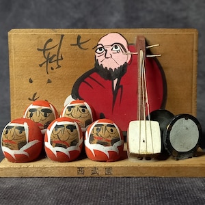 Daruma Doll Band Shamisen, Miniature Wooden Figure, Japanese Folk Art