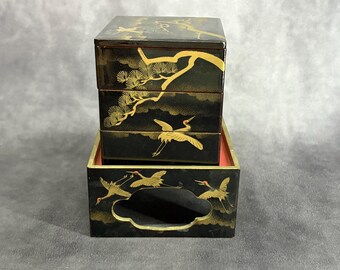 Small Lacquer Bento Box, Hand Painted Red Cap Crane Themed Wooden Lunch Box Furniture, Girls Day Ornaments, Vintage Japanese Folk Art