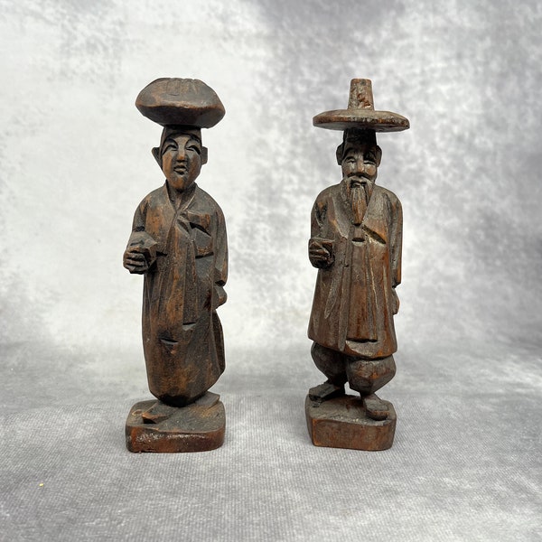 Pair of Antique Hand Carved Wooden Figures, Japanese Folk Art