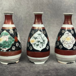Trio of Vintage Hand Painted Japanese Saki Bottles, Japanese Porcelain Saki Jug