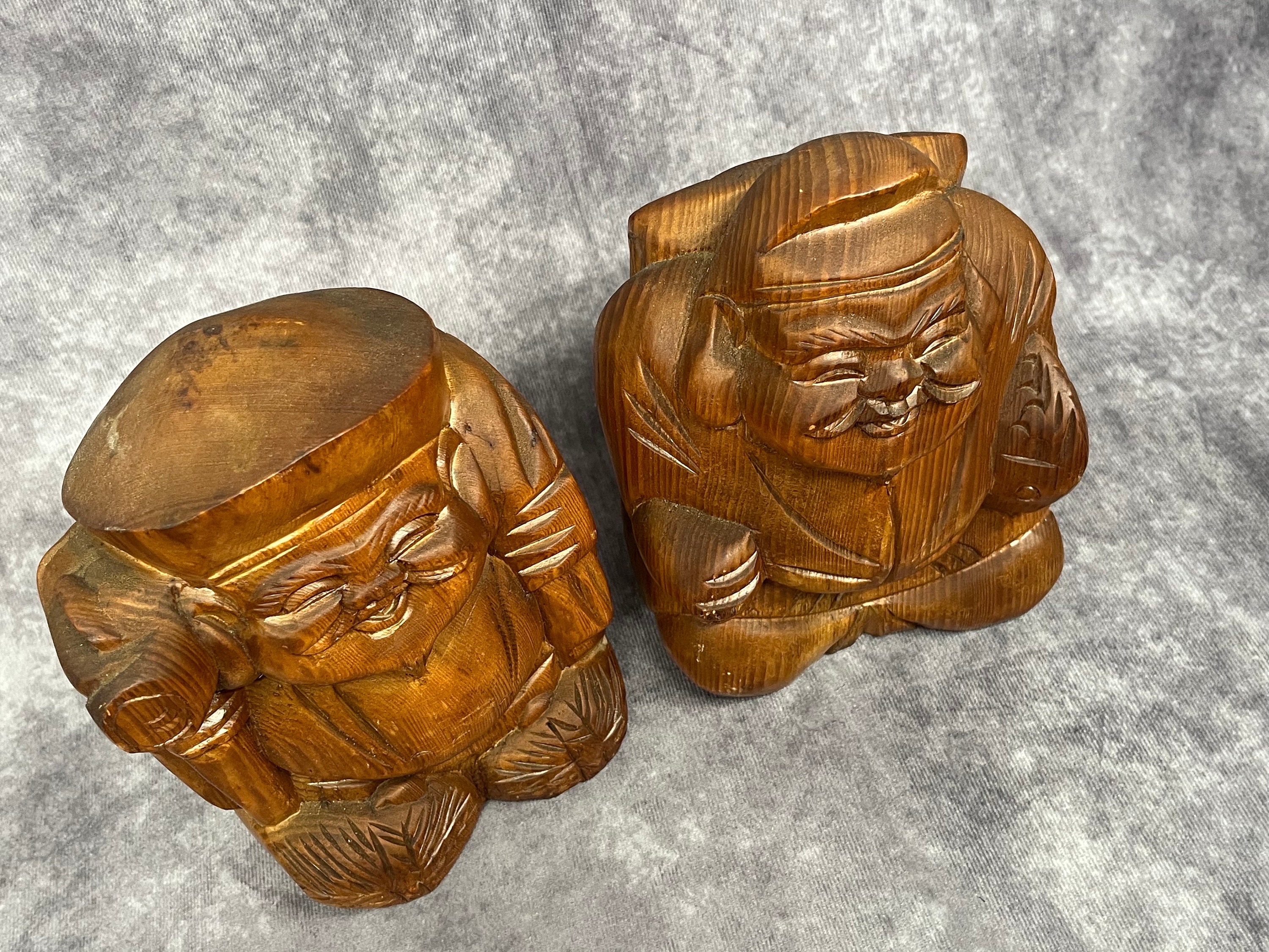 Japanese Hinoki Daikoku Hand Carved Wooden Figures, Hand