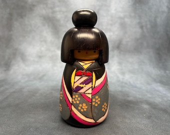 石田富雄創作こけし、ヴィンテージ木製創作こけし、日本の手作り民芸品