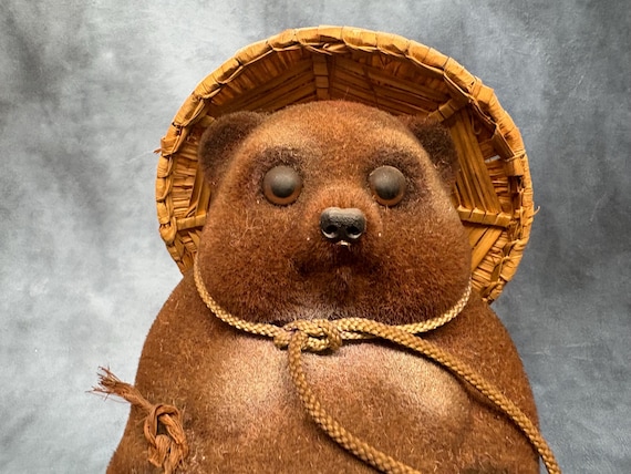 Japanese Tanuki Raccoon Fur Covered Porcelain Raccoon Dog Tokkuri
