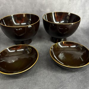 4 Antique Brown Lacquer Bowls, Set of Noodle / Bowls, Japanese Tableware