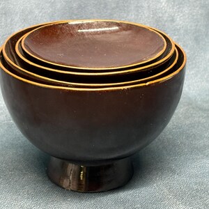 Set of 4 Vintage Wooden Lacquer Bowls, Vintage Japanese Black / Brown Lacquer Bowls