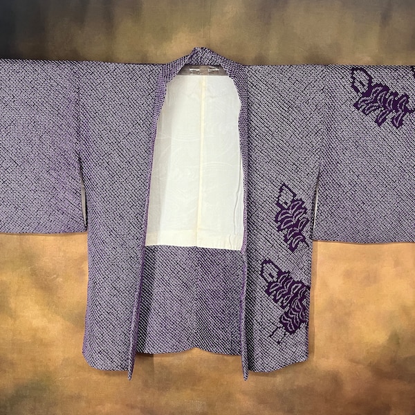 Japanese Shibori Haori Kimono, Purple Silk Lined, Kimono Robe Vintage Kimono Jacket Shobori (Tie Dye)