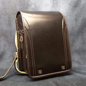 Sac à dos Randoseru, noir avec bordures brunes Sac Randoseru japonais à coutures serrées, cartable japonais noir