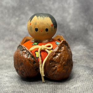 Miniature Walnut Kokeshi Doll, Vintage Japanese Wooden Kokeshi, Hand Made Folk Art From Japan