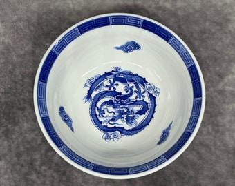 Large Japanese Porcelain Bowl, Tenkaichi Pottery Blue & White Dragon Bowl