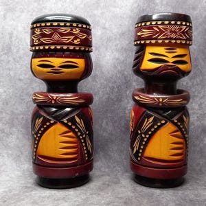 Vintage Japanese Ainu Wooden King & Queen Figures, Wooden Kokeshi Dolls, Hand Made Folk Art From Japan, Nipopo Hokkaido