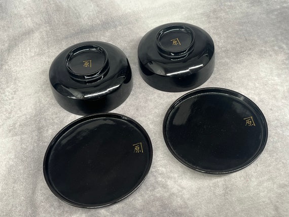 蓋付き木製漆塗りボウル 2 個セット、アンティーク日本キッチン