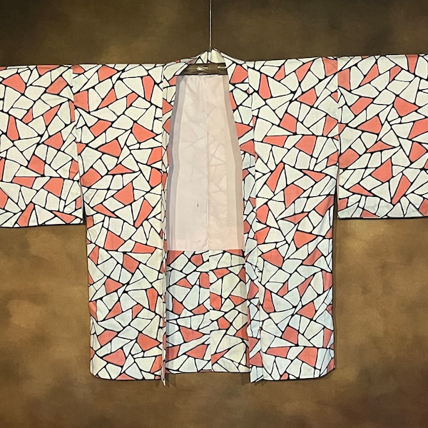 Japanese Haori Kimono, Retro Pink & White Silk Lined Kimono Robe Vintage Kimono Jacket