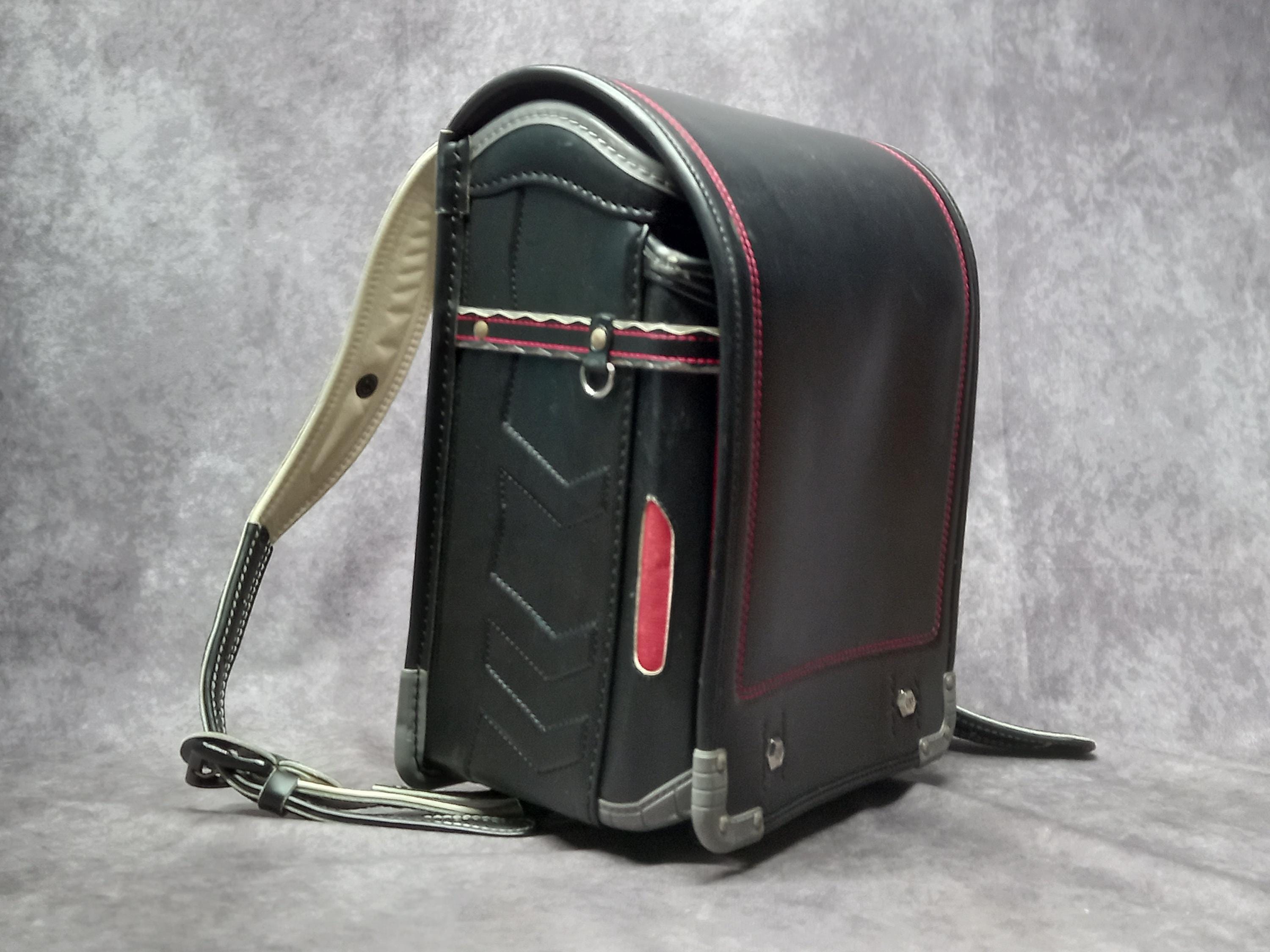 Randoseru Backpack, Black with red Trim Japanese Tight Stitch Randoseru Bag, Black Japanese School Bag - Wanpa