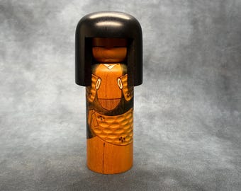 石田富雄創作こけし、ヴィンテージ木製創作こけし、日本の手作り民芸品