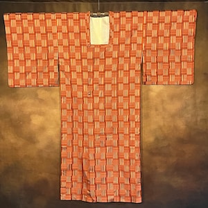 Japanese Kimono, Full Length Kimono Robe, Japanese Robe, Vintage Japanese Clothing, Orange Square Design, Button up Kimono