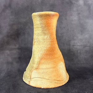 Puede incluir: Un jarrón alto de cerámica con una forma única y asimétrica. El jarrón es de color marrón claro con una superficie texturizada y moteada.