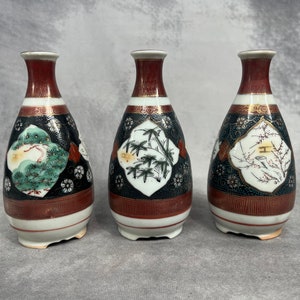 Trio of Vintage Japanese Sake Bottles, Japanese Porcelain Sake Jug