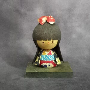 Hand Made Paper Mache Girl Figure on Wooden Base, Japanese Folk Art